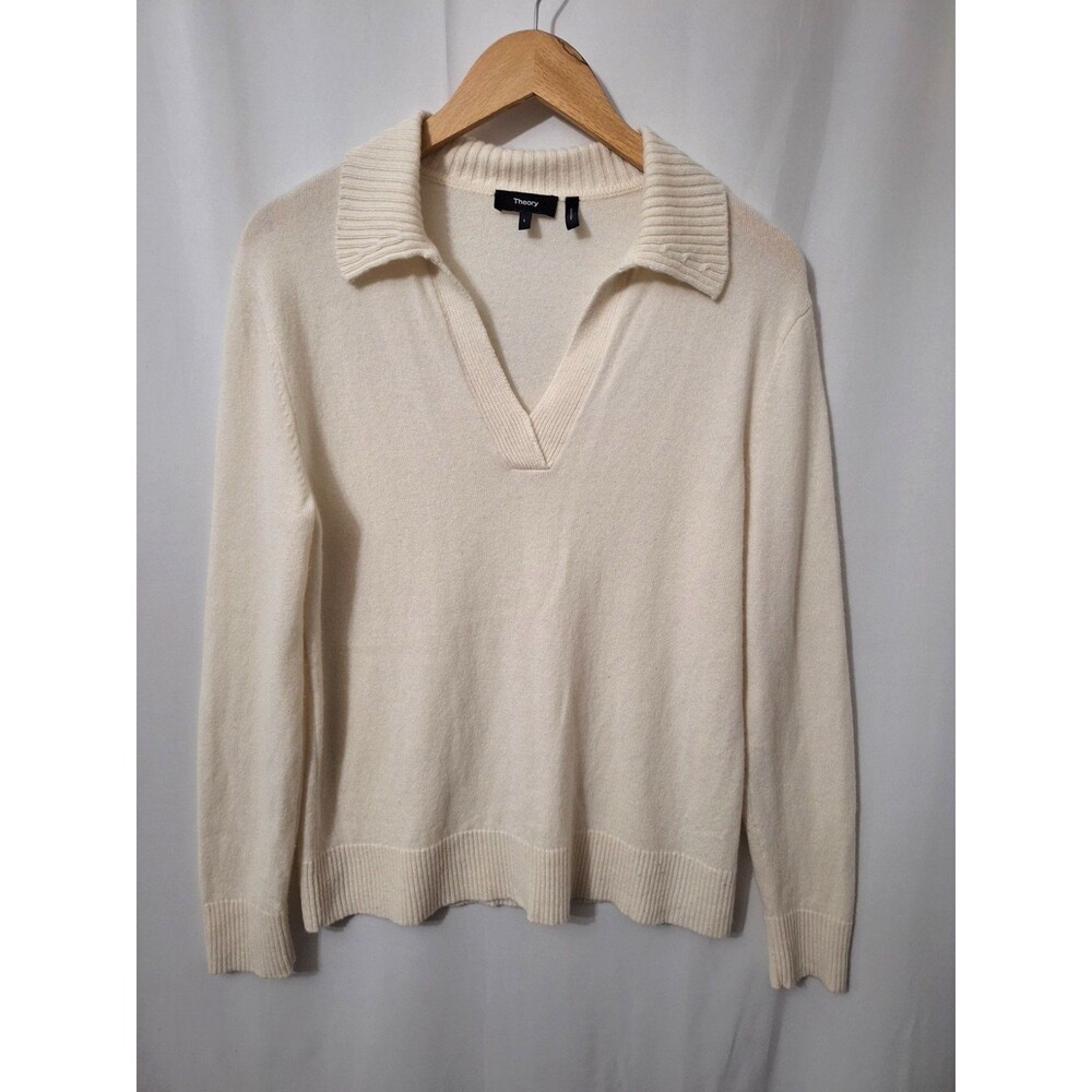 Theory 100% Cashmere Sweater Womens Sz Large V-neck Collared Preppy Quiet Luxury